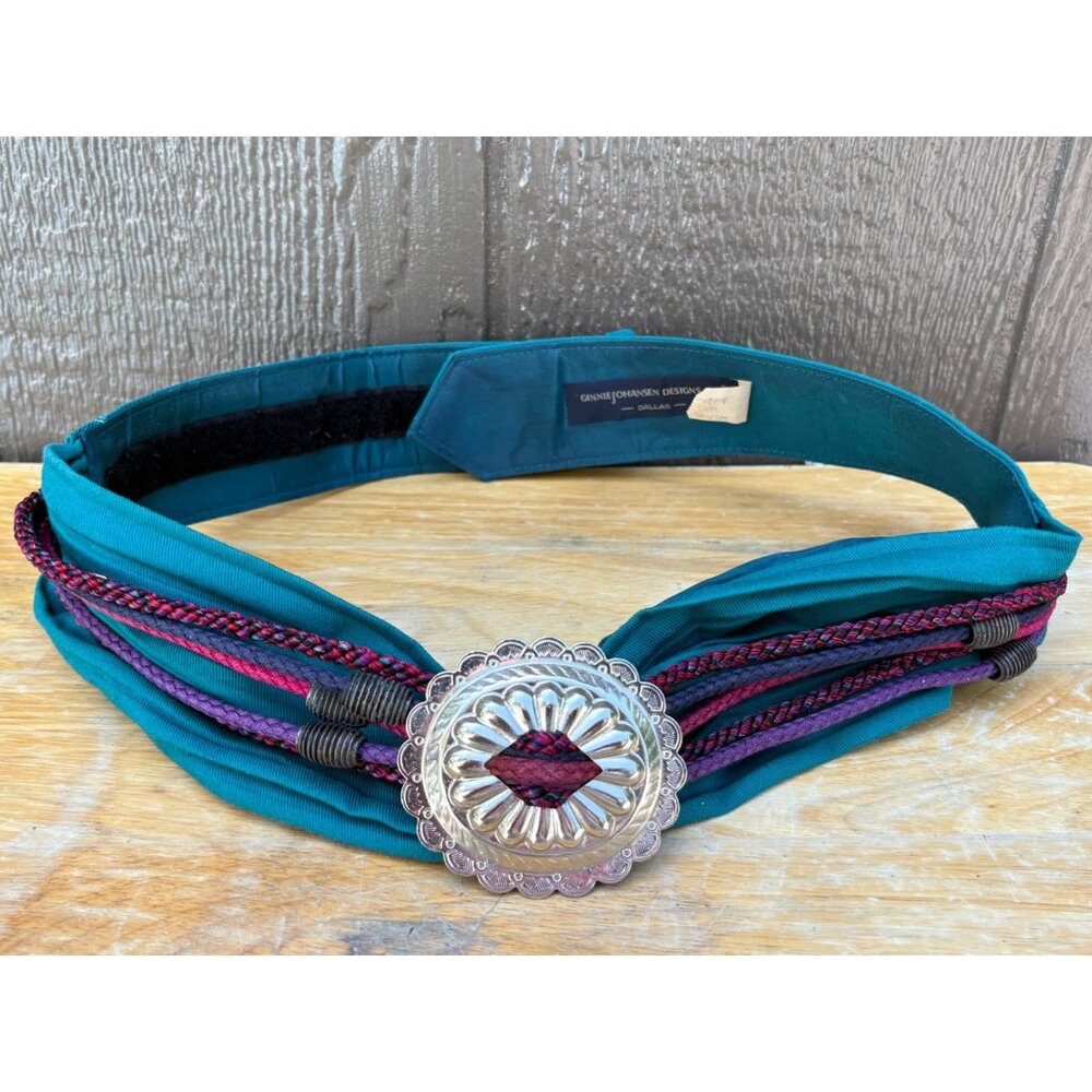 Vintage Ginnie Johansen Design Dallas Teal Fabric Belt Silver Concho & Purple